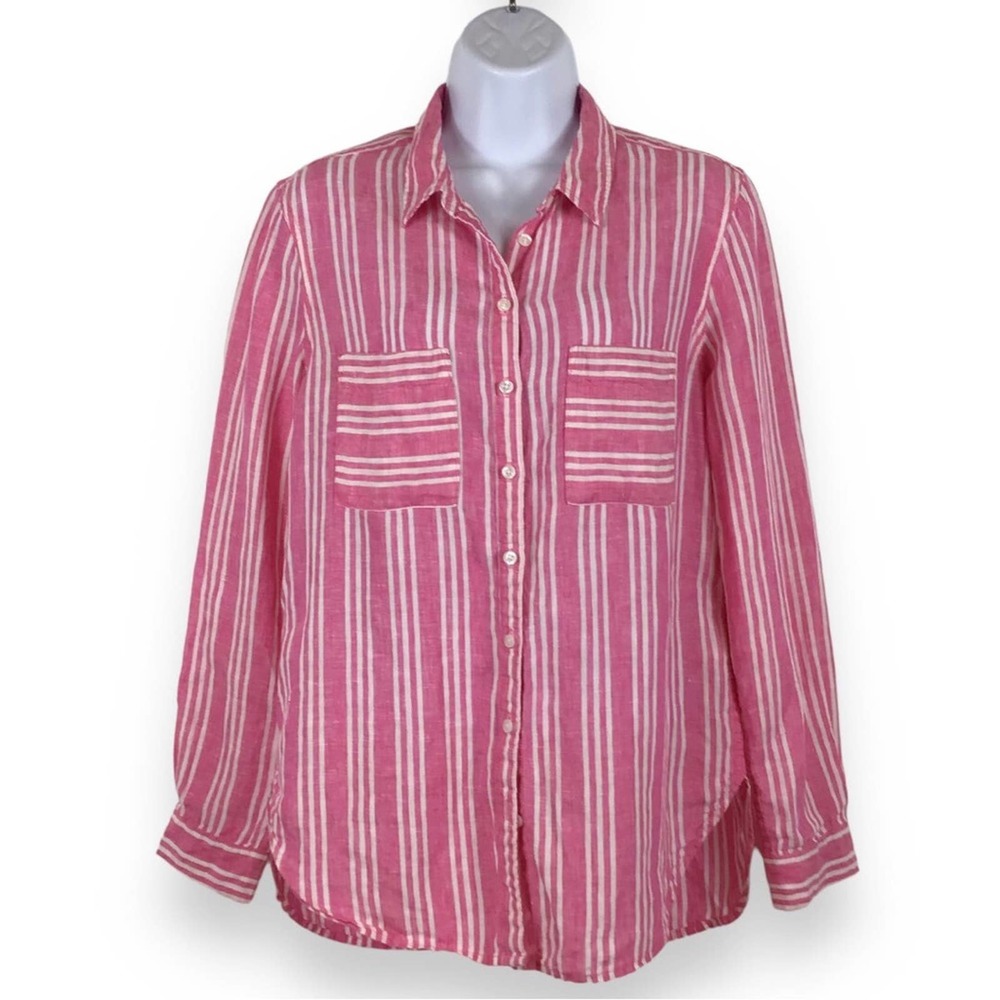 BODEN Pink/White Stripe Linen Long Sleeve Button Up Top size Small